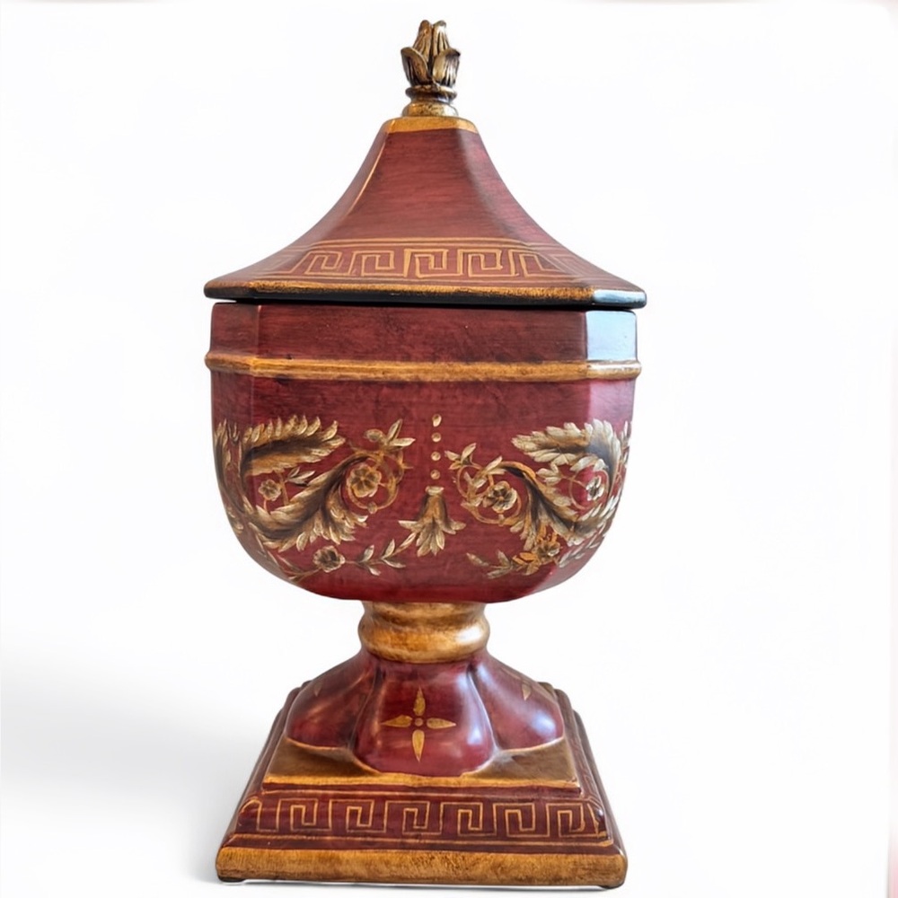Vintage Red and Gold Decorative Urn Tole Floral and Greek Key Design